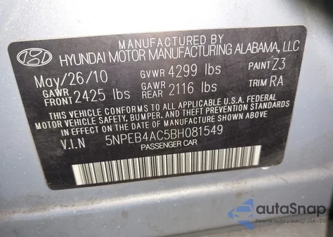 2011 Hyundai Sonata Gls z USA, uszkodzony, nr VIN 5NPEB4AC5BH081549